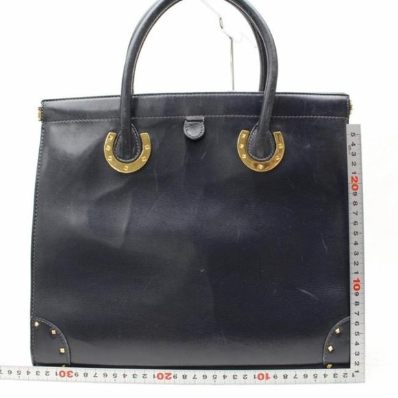 Gucci Navy Blue Leather Horse-bit Top Handle Satchel W Gold Horseshoe Accents - Picture 7 of 11